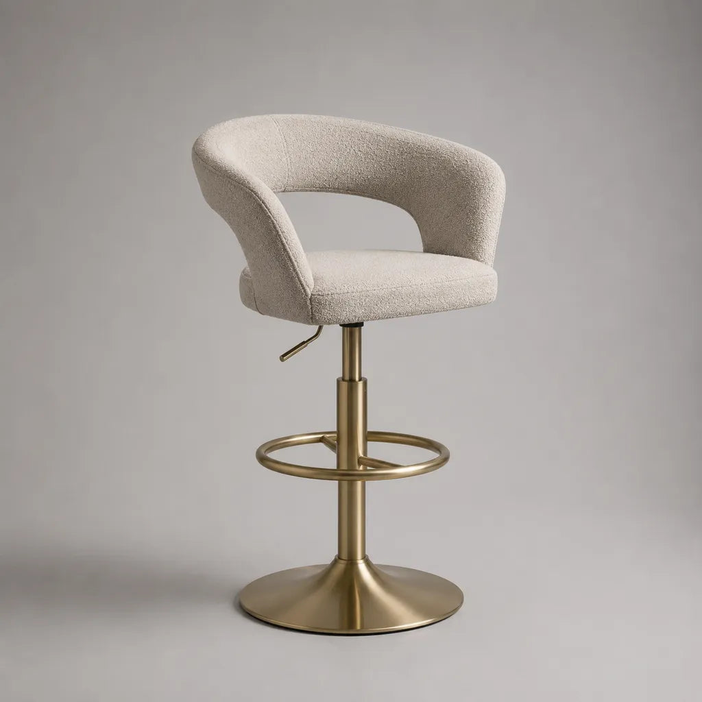 Höhenverstellbarer Barhocker mit Rückenlehne und Fußstütze, Bouclé-Polyester und Stahl, Elfenbein/Gold, 55 × 52 × 82–103 cm