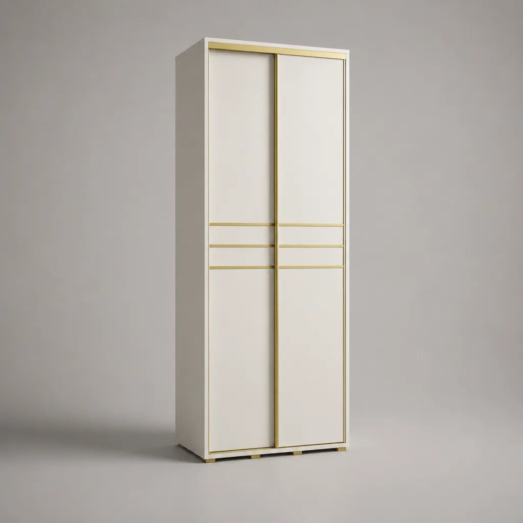 Kleiderschrank mit 2 Schiebetüren aus melaminbeschichteter Spanplatte und Aluminium, Weiß/Gold, 80 × 50 × 200 cm