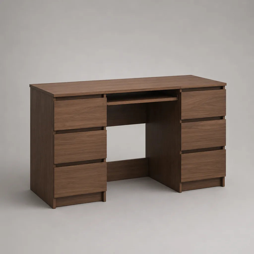 Rechteckiger Schreibtisch aus Spanplatte mit 6 Schubladen und Tastaturauszug, Dunkelbraun, 120 × 50 × 76 cm