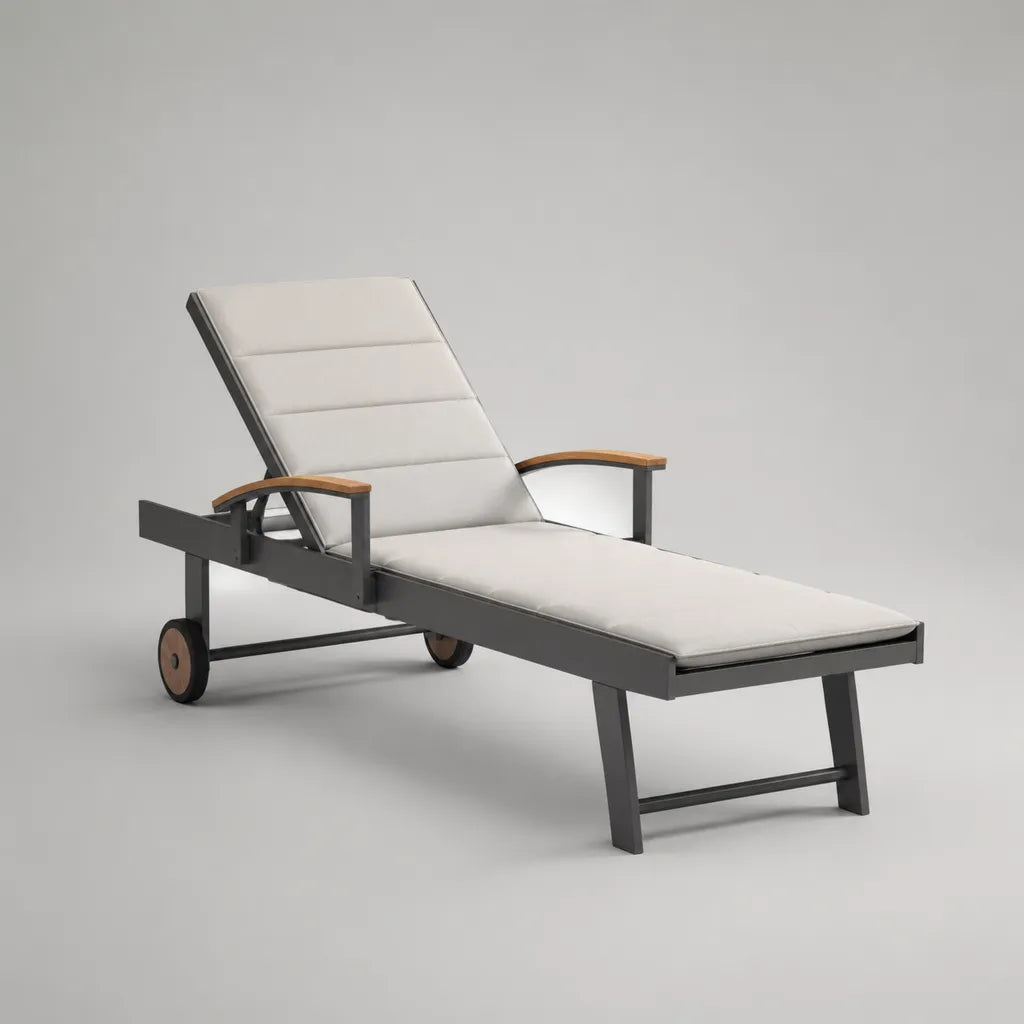 Gartenliege aus Aluminium und Akazienmassivholz mit Auflage, Rollen und verstellbarer Rückenlehne, Anthrazit/Creme/Braun, 200 × 67 × 103 cm