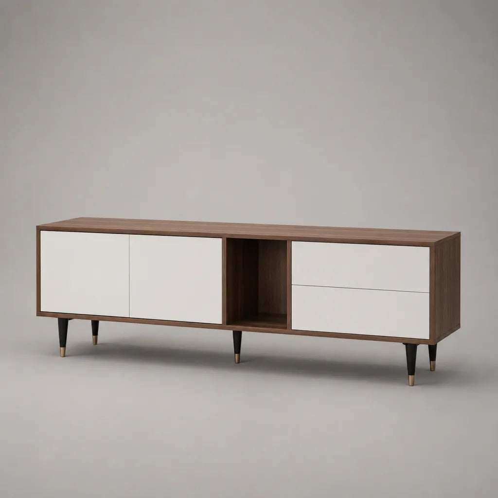 TV-Lowboard aus MDF und Spanplatte mit 2 Türen, 2 Schubladen und offenem Fach, Walnussbraun und Weiß, 180 × 40 × 65 cm