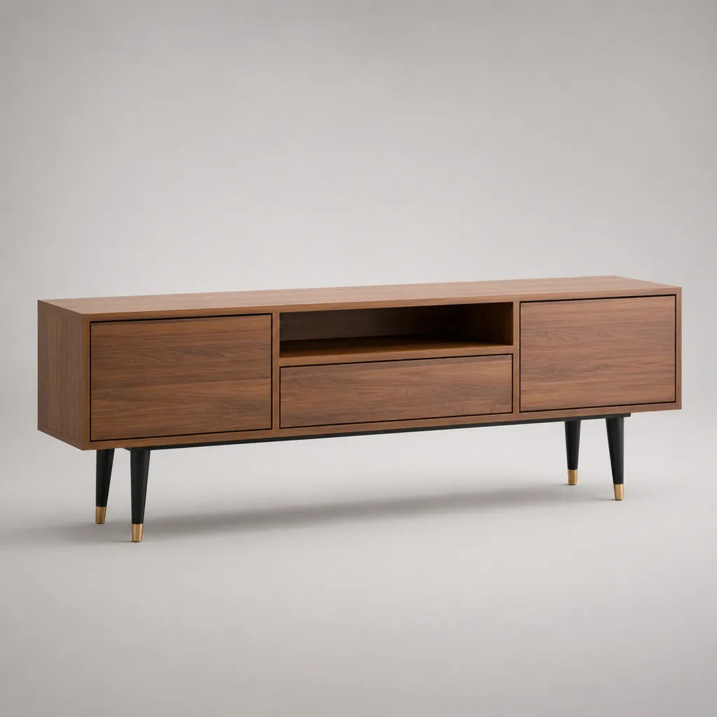 TV-Lowboard aus MDF mit Walnussfurnier, 2 Türen, 1 Schublade und offenem Fach, Walnussbraun, Schwarz und Messingfarben, 180 × 40 × 60 cm