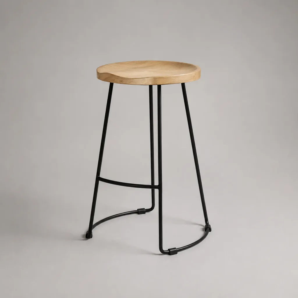 Runder Barhocker aus massivem Mangoholz und pulverbeschichtetem Stahl, Natur und Schwarz, 40 × 40 × 75 cm