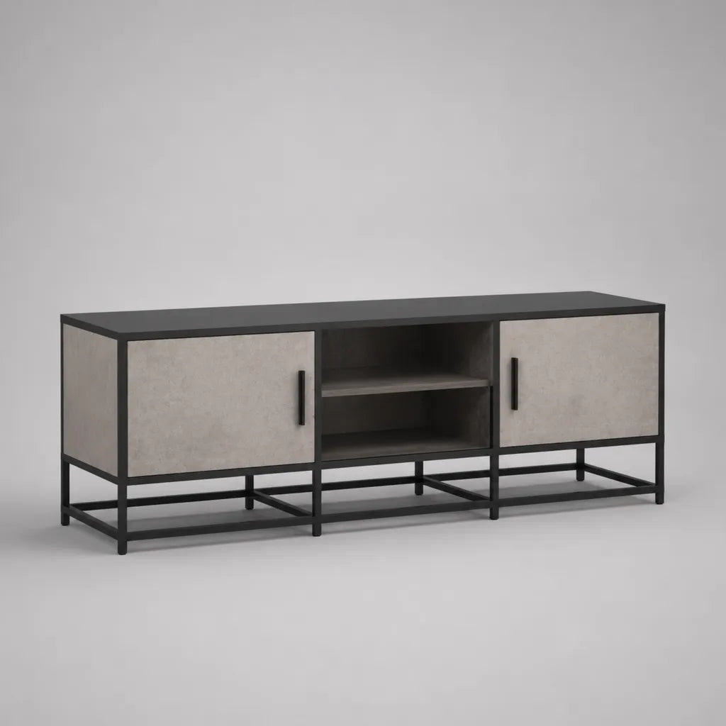 TV-Lowboard aus Spanplatte und Stahl mit 2 Türen und 2 offenen Fächern, Schwarz/Grau, 160 × 40 × 60 cm