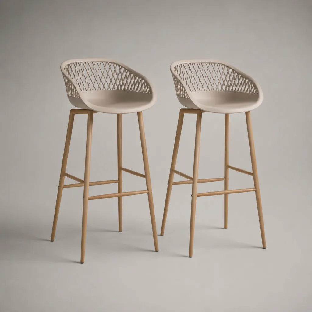 Barhocker 2er-Set mit Rückenlehne aus Polypropylen und massivem Buchenholz, Beige/Natur, 50 × 53 × 100 cm, Sitzhöhe 75 cm