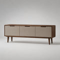 TV-Lowboard mit 3 Klapptüren aus MDF, Holz, Metall und Stoff, Dunkelbraun/Beige, 180 × 42 × 68 cm