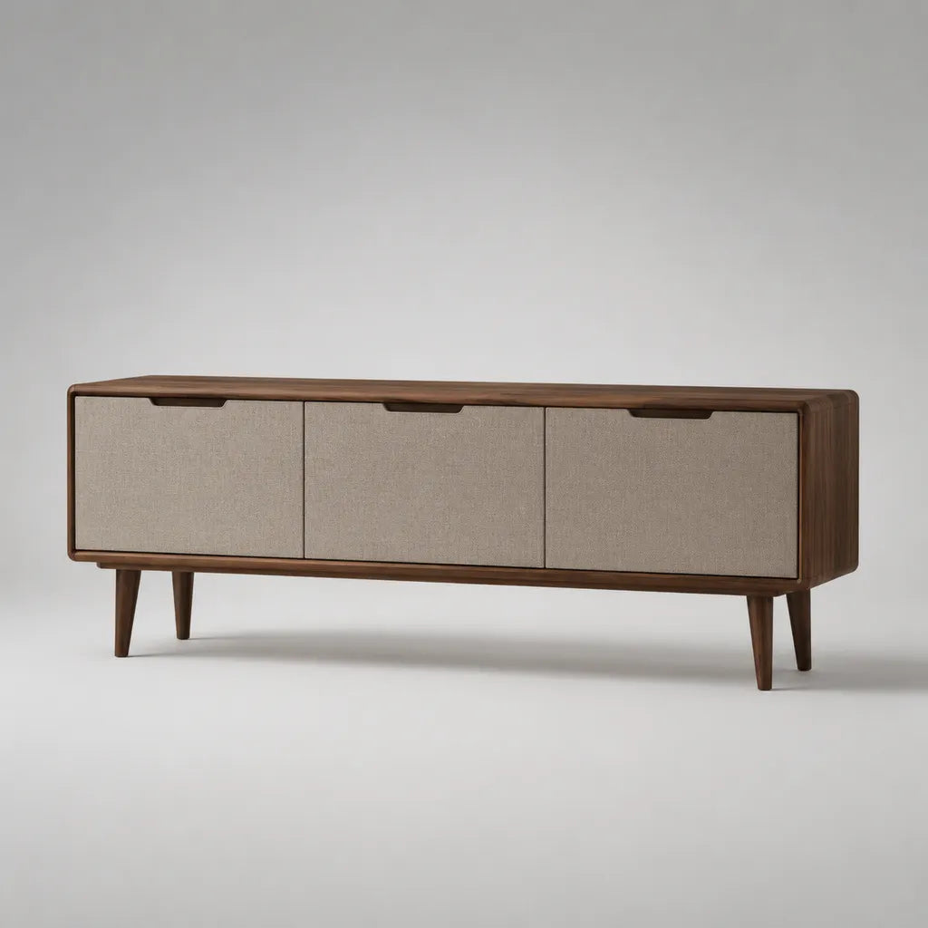 TV-Lowboard mit 3 Klapptüren aus MDF, Holz, Metall und Stoff, Dunkelbraun/Beige, 180 × 42 × 68 cm
