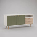 TV-Schrank aus MDF und Spanplatte mit 2 Türen, 2 Schubladen und offenem Fach, Weiß/Olivgrün/Eichefarben, 140 × 40 × 76 cm