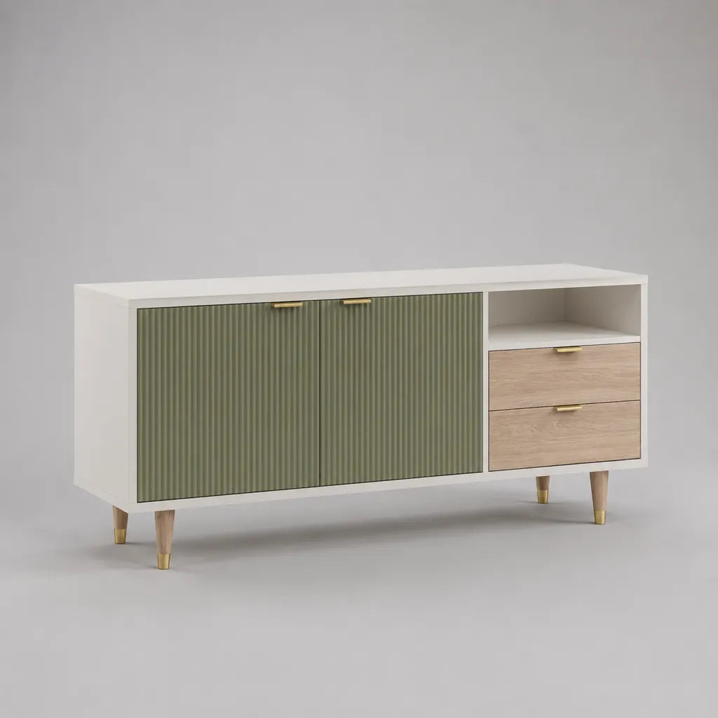 TV-Schrank aus MDF und Spanplatte mit 2 Türen, 2 Schubladen und offenem Fach, Weiß/Olivgrün/Eichefarben, 140 × 40 × 76 cm