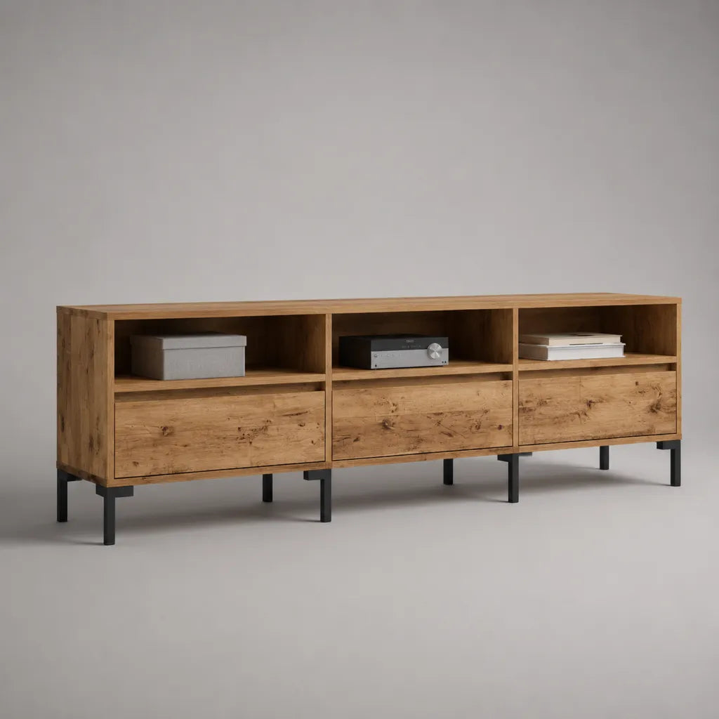 TV-Lowboard mit 3 Schubladen und 3 offenen Fächern, Spanplatte und Stahlgestell, Eichefarben/Schwarz, 180 × 40 × 70 cm