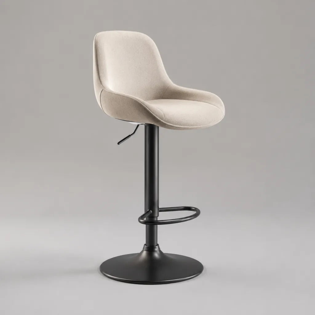 Höhenverstellbarer Barhocker mit Rückenlehne aus Polyester und Stahl, Creme/Schwarz, 52 × 54 × 88–109 cm
