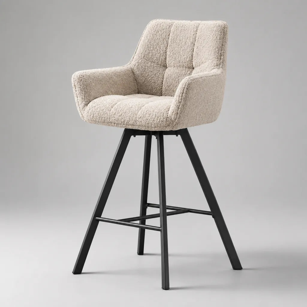 Barhocker mit Armlehnen und Rückenlehne, Bouclé-Bezug, Stahlgestell, Beige/Schwarz, 56 × 57 × 102 cm