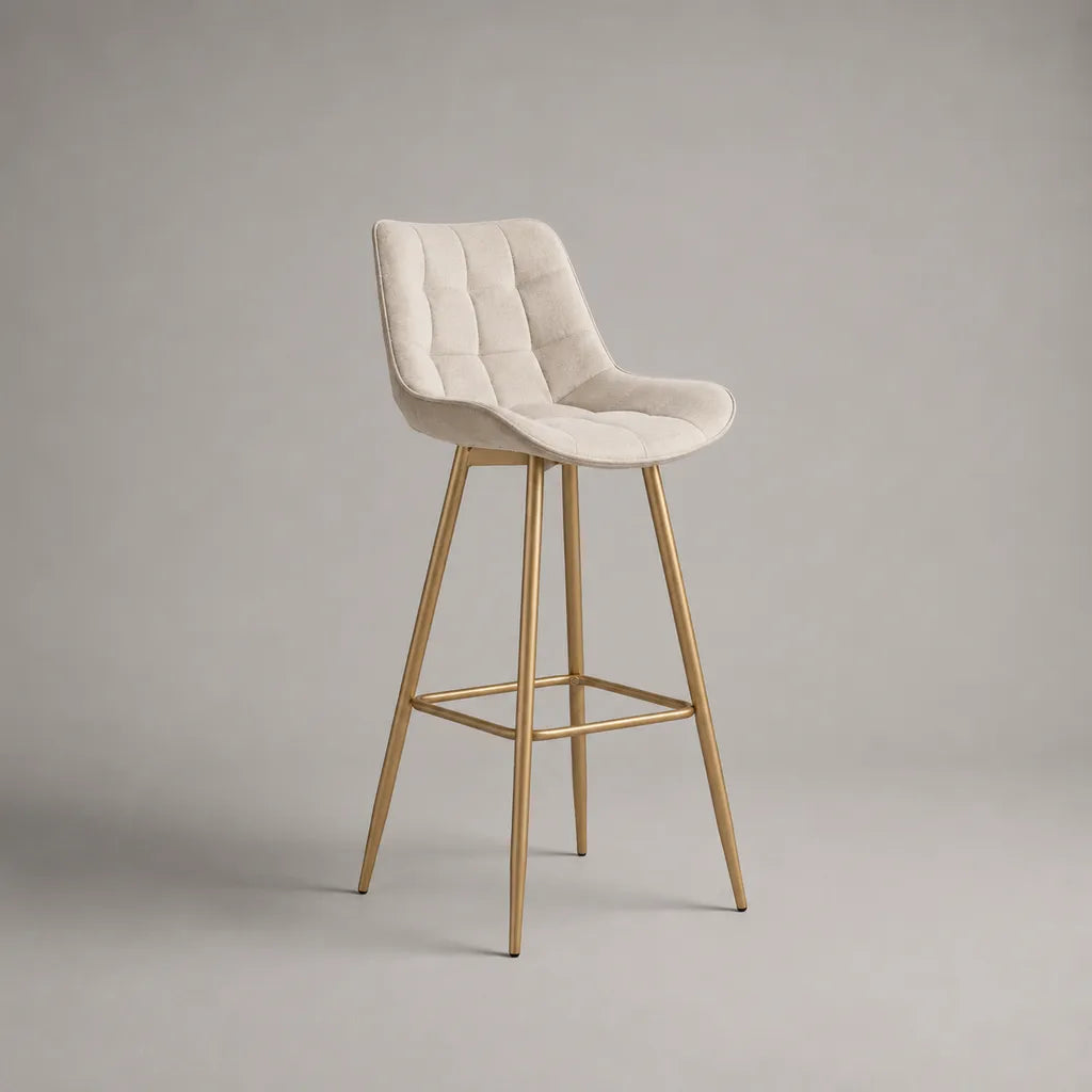 Barhocker mit Rückenlehne, Polyester-Samt und Stahlgestell, Creme/Gold, 48 × 52 × 99 cm, Sitzhöhe 65 cm