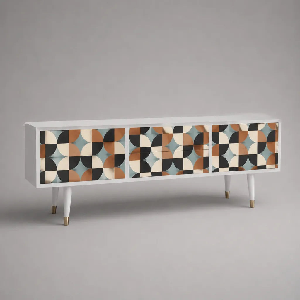 Lowboard TV-Schrank aus MDF mit 3 Türen, Weiß und Mehrfarbig, 160 × 40 × 60 cm