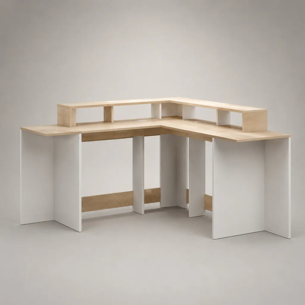 Eckschreibtisch mit Aufsatz aus Spanplatte, L-Form, Naturholzdekor/Weiß, 140 × 140 × 90 cm