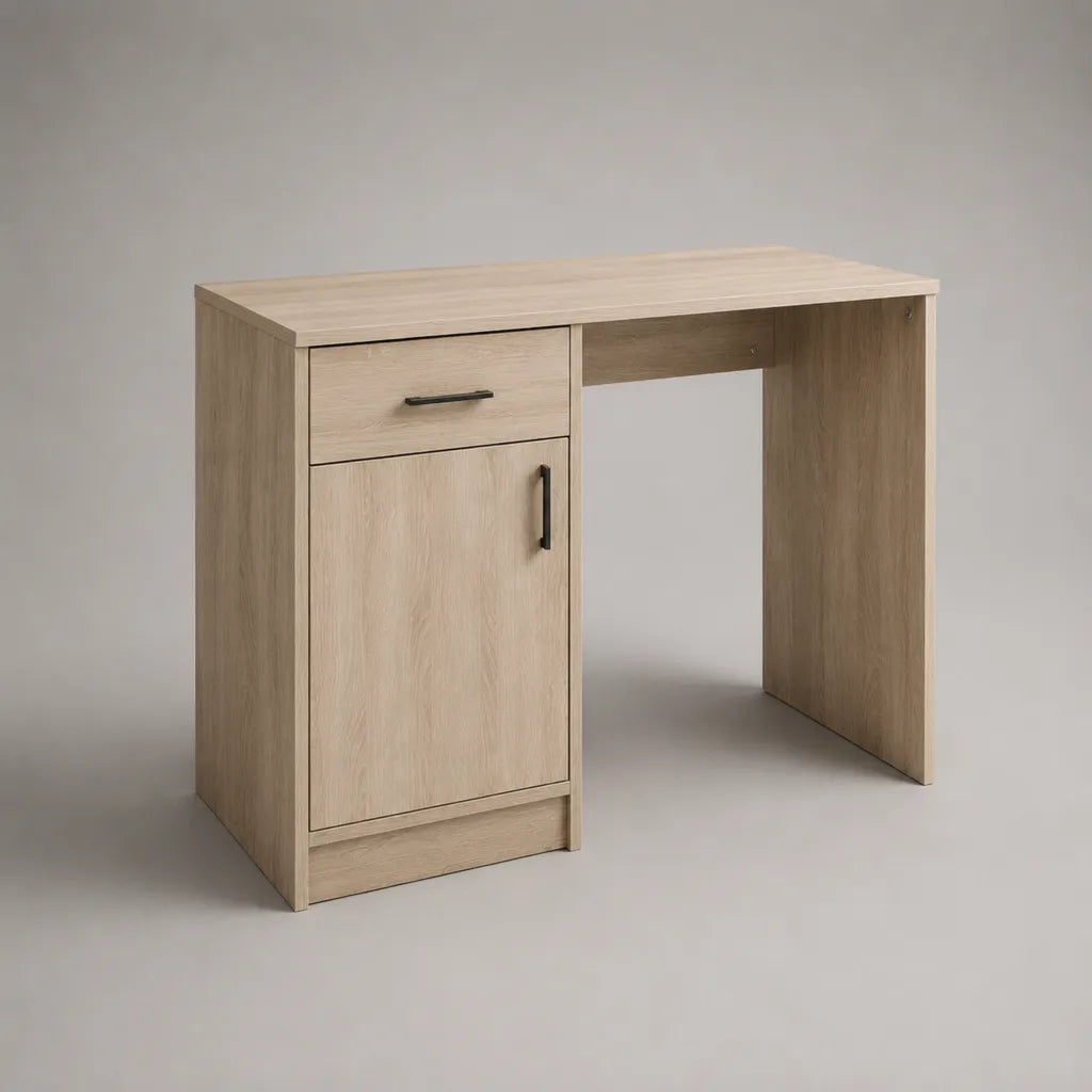 Schreibtisch aus Spanplatte mit Schublade und Schrankfach, Eiche hell und Schwarz, 100 × 50 × 75 cm