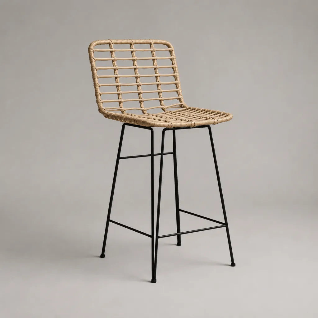 Barhocker mit Rückenlehne aus PE-Rattan und pulverbeschichtetem Stahl, Natur/Schwarz, 49 × 53 × 101 cm