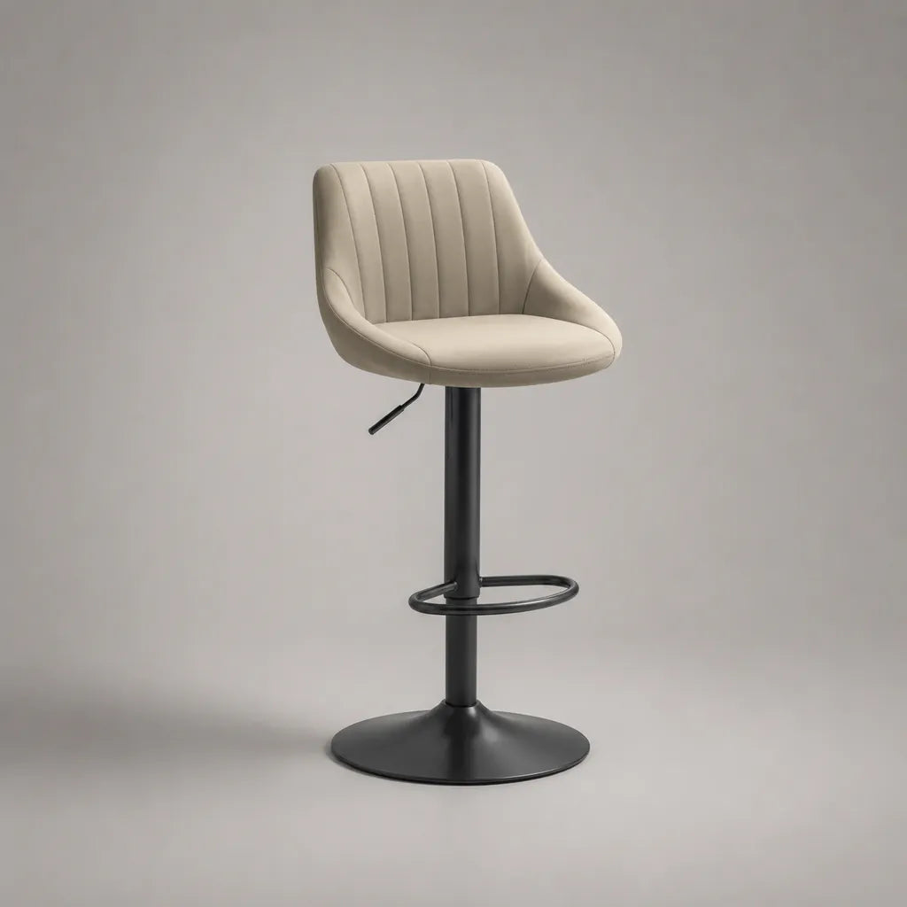 Höhenverstellbarer Barhocker mit Rückenlehne, PU-Kunstleder und Stahl, Beige/Schwarz, 48 × 50 × 86–107 cm