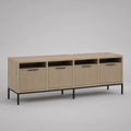 TV-Lowboard aus MDF und Stahl mit 4 Klappen und 4 offenen Fächern, Eiche Natur und Schwarz, 180 × 40 × 65 cm