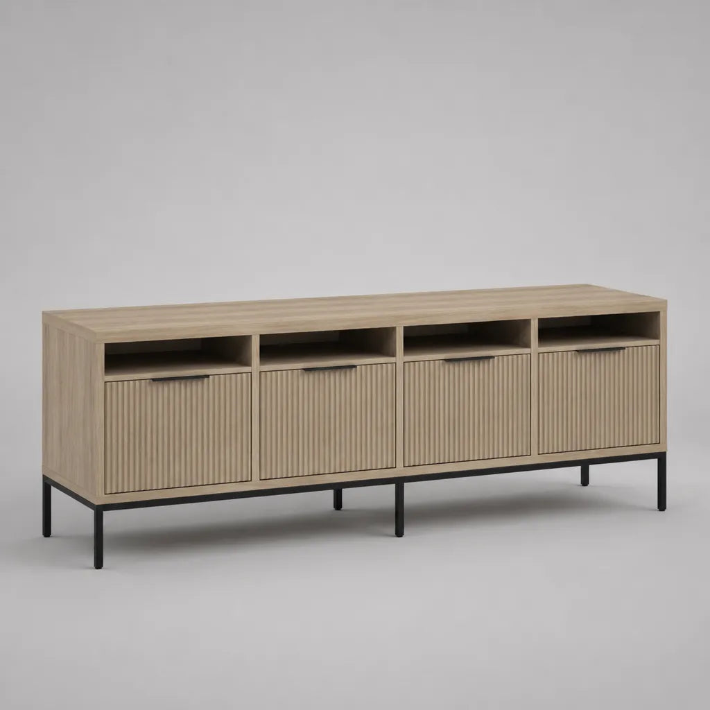 TV-Lowboard aus MDF und Stahl mit 4 Klappen und 4 offenen Fächern, Eiche Natur und Schwarz, 180 × 40 × 65 cm
