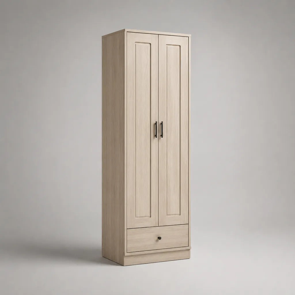 Kleiderschrank 2-türig mit Schublade aus Spanplatte und MDF, Hellbeige/Schwarz, 80 × 50 × 190 cm